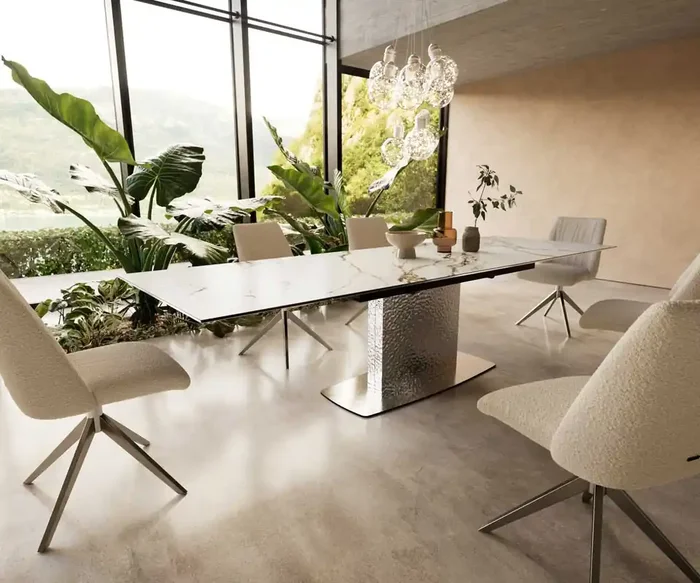 Esstisch Edge 200-300×100 Keramik Calacatta Luxe Weiß-Gold-Grau Wave Edelstahl ausziehbar