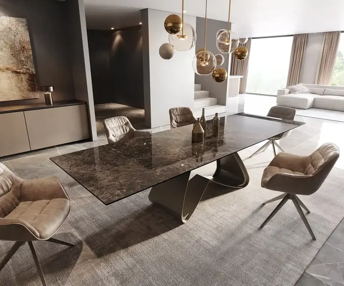 Esstisch Edge 200-300×100 Keramik Laminam® Emperador Extra Lucidato Dunkelbraun W-Gestell Effektfinish Titan ausziehbar