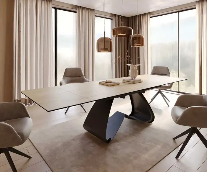 Esstisch Edge 200-300×100 Keramik Laminam® Sabbia Eichefarbig W-Gestell Schwarz ausziehbar