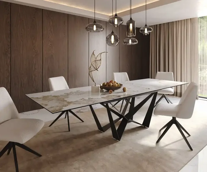 Esstisch Edge 200-300×100 Keramik Minas Melange Weiß-Beige Spider Flachstahl Schwarz ausziehbar