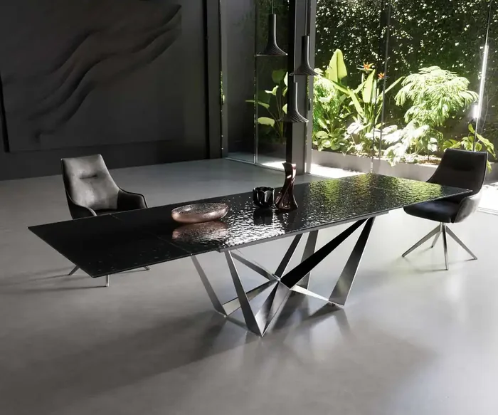 Esstisch Edge 200-300×100 Reliefglas Rauchschwarz 3D-Design Spider Flachstahl Edelstahl ausziehbar