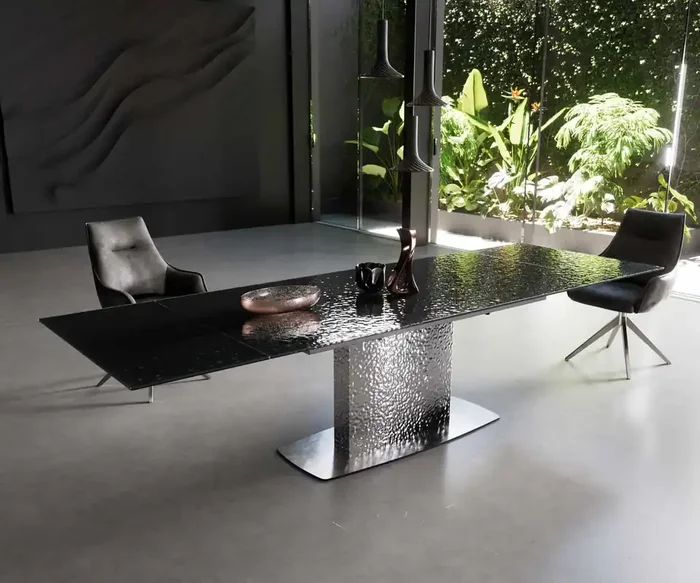 Esstisch Edge 200-300×100 Reliefglas Rauchschwarz 3D-Design Wave Edelstahl ausziehbar