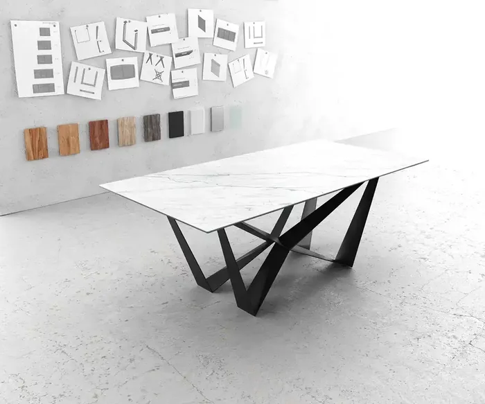 Esstisch Edge 200x100cm Keramik Laminam®Statuarietto Weiß Mittelfuß Flachstahl Schwarz