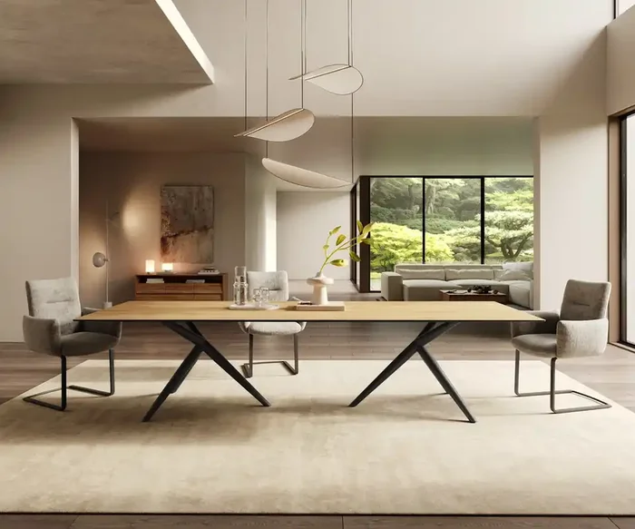 Esstisch Edge 300×100 Keramik Laminam® Sabbia Eichefarbig Estelar rund Metall Schwarz