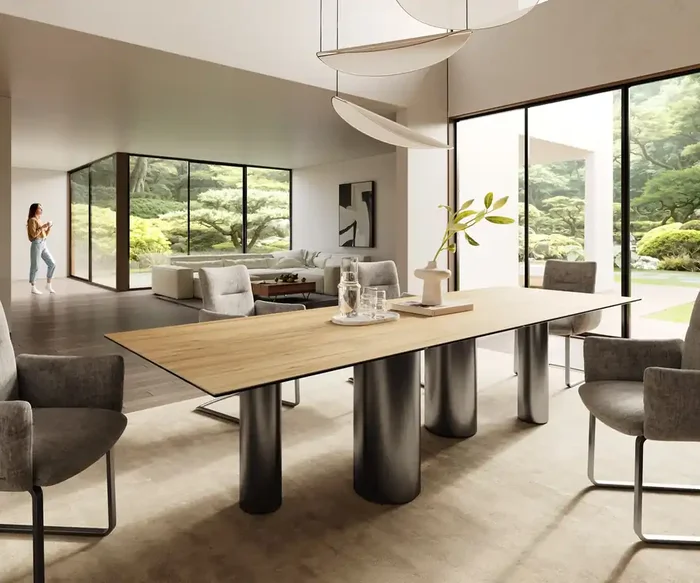 Esstisch Edge 300×100 Keramik Laminam® Sabbia Eichefarbig Pilier Edelstahl Graphit