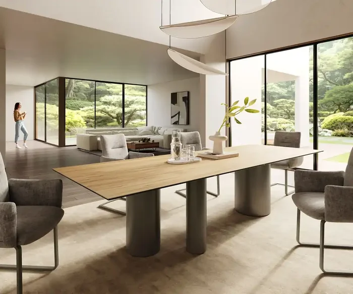 Esstisch Edge 300×100 Keramik Laminam® Sabbia Eichefarbig Troa Metall Effektfinish Titan