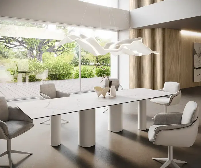 Esstisch Edge 300×100 Keramik Laminam®Statuarietto Weiß Pilier Metall Weiß