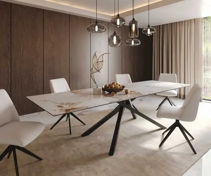 Esstisch Edge 300×100 Keramik Minas Melange Weiß-Beige Kreuzgestell Rechteck Schwarz