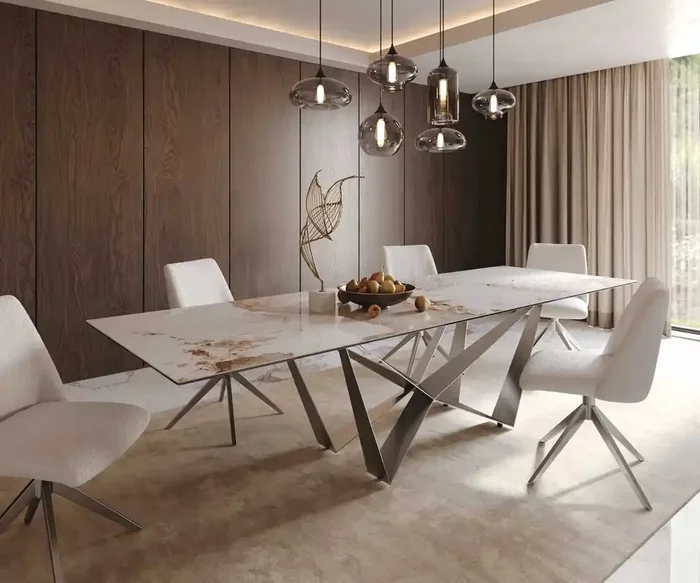 Esstisch Edge 300×100 Keramik Minas Melange Weiß-Beige Spider Flachstahl Edelstahl