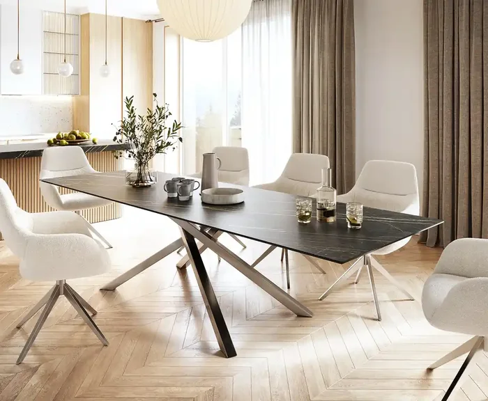 Esstisch Edge 300x100cm Keramik Laminam®Noir Desir Braun Kreuzgestell Rechteck Edelstahl