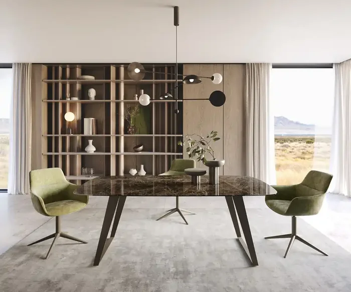 Esstisch Edge Boot 200×100 Keramik Laminam® Emperador Extra Lucidato Dunkelbraun Metall Effektfinish Titan Schräg