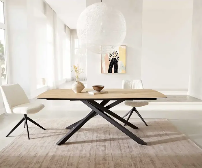 Esstisch Edge Boot 200×100 Keramik Laminam® Sabbia Eichefarbig Kreuzgestell Rechteck Schwarz