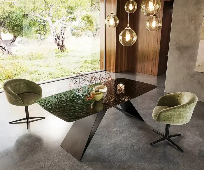 Esstisch Edge Boot 200×100 Reliefglas Rauchschwarz 3D-Design V-Gestell Flachstahl Schwarz