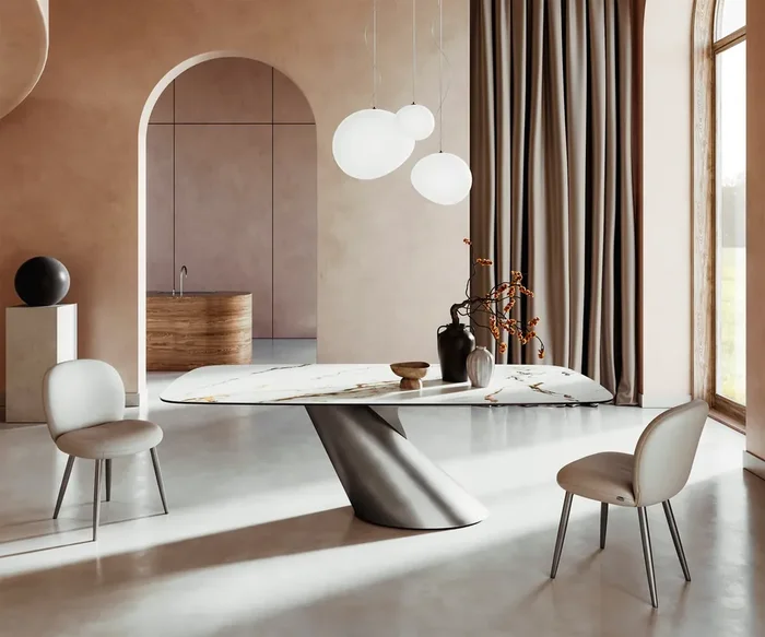 Esstisch Edge Boot 240×120 Keramik Calacatta Luxe Weiß-Gold-Grau Cono Metallic Silber