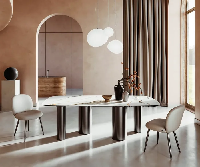 Esstisch Edge Boot 240×120 Keramik Calacatta Luxe Weiß-Gold-Grau Pilier Edelstahl Graphit