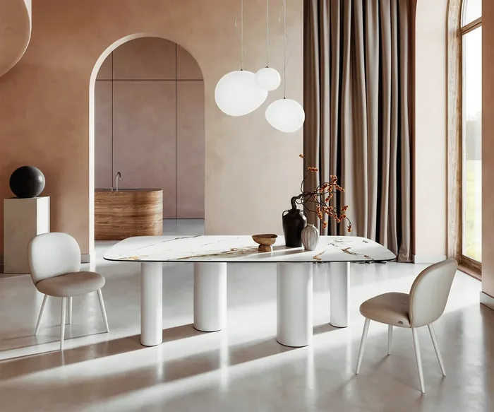 Esstisch Edge Boot 240×120 Keramik Calacatta Luxe Weiß-Gold-Grau Pilier Metall Weiß