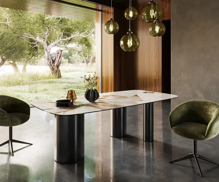 Esstisch Edge Boot 240×120 Keramik Iris FMG Patagonia Lappato Troa Edelstahl Graphit