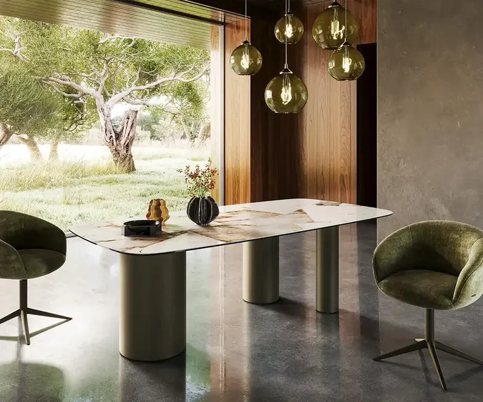 Esstisch Edge Boot 240×120 Keramik Iris FMG Patagonia Lappato Troa Metall Effektfinish Titan