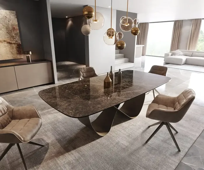 Esstisch Edge Boot 240×120 Keramik Laminam® Emperador Extra Lucidato Dunkelbraun Infinity Metall Effektfinish Titan