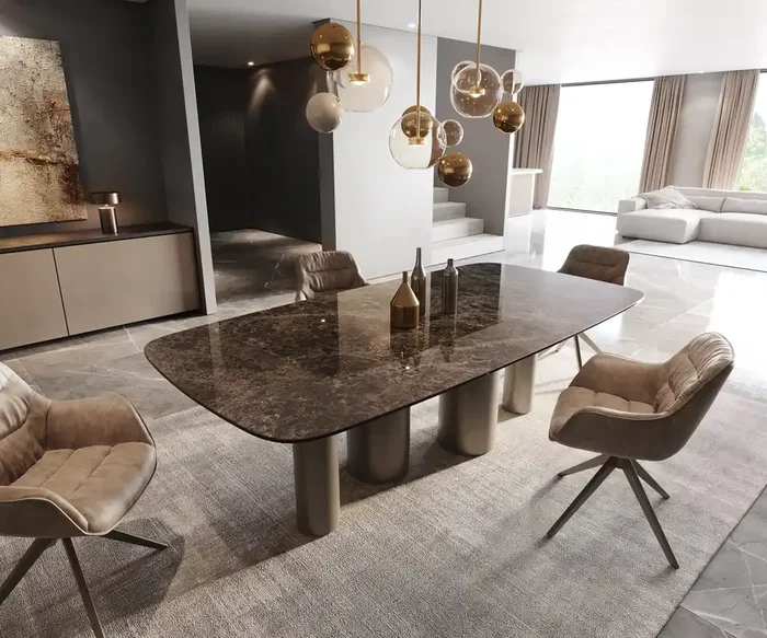 Esstisch Edge Boot 240×120 Keramik Laminam® Emperador Extra Lucidato Dunkelbraun Pilier Metall Effektfinish Titan