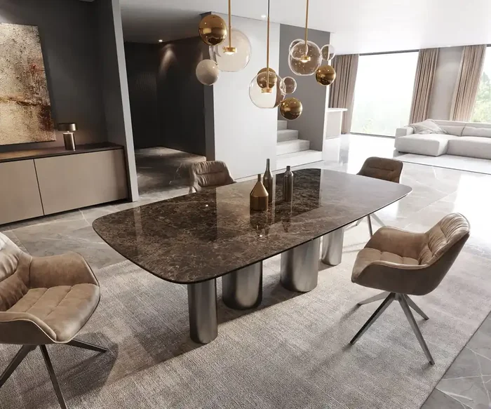 Esstisch Edge Boot 240×120 Keramik Laminam® Emperador Extra Lucidato Dunkelbraun Pilier Edelstahl Graphit