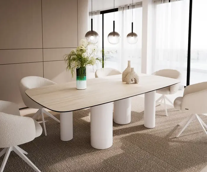 Esstisch Edge Boot 240×120 Keramik Travertin Natur Pilier Metall Weiß