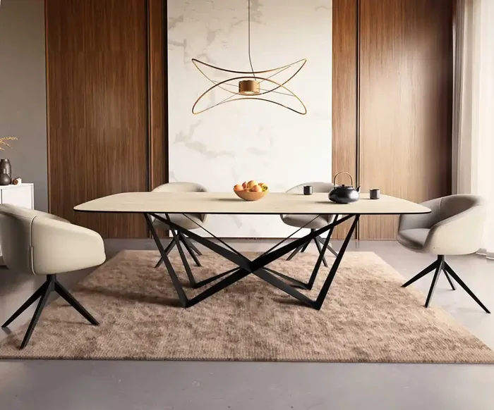 Esstisch Edge Boot 240×120 Keramik Travertin Natur Spider Flachstahl Schwarz