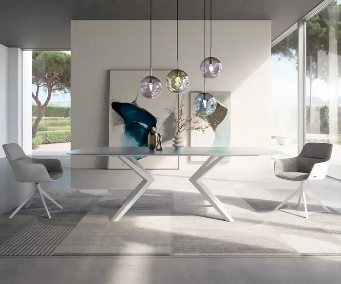 Esstisch Edge Boot 240×120 Reliefglas Perlmutt 3D-Design Zenthara kantig Metall Weiß