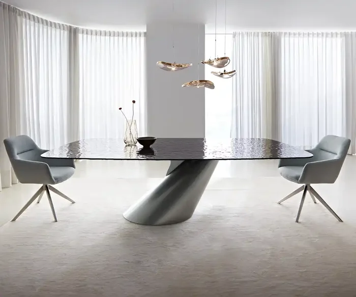 Esstisch Edge Boot 240×120 Reliefglas Rauchschwarz 3D-Design Cono Metallic Silber