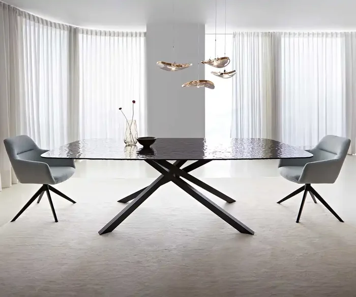 Esstisch Edge Boot 240×120 Reliefglas Rauchschwarz 3D-Design Kreuzgestell Rechteck Schwarz