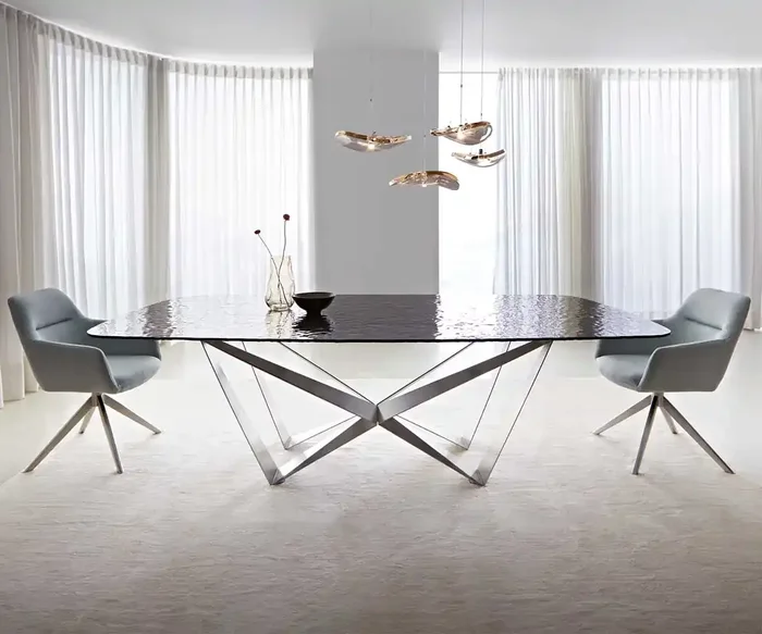 Esstisch Edge Boot 240×120 Reliefglas Rauchschwarz 3D-Design Spider Flachstahl Edelstahl