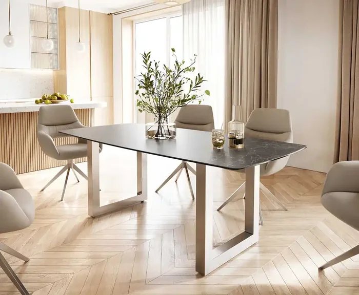 Esstisch Edge Bootsform 200×100 Keramik Laminam® Nero Greco Anthrazit Edelstahl Breit