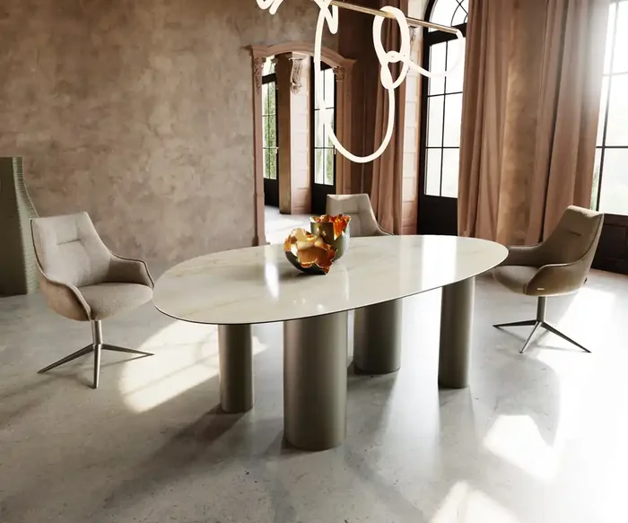 Esstisch Edge Oval 220×120 Keramik Iris FMG Onice Oro Pilier Metall Effektfinish Titan