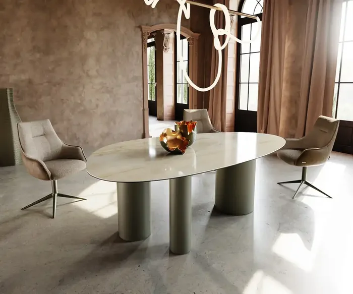Esstisch Edge Oval 220×120 Keramik Iris FMG Onice Oro Troa Metall Effektfinish Titan