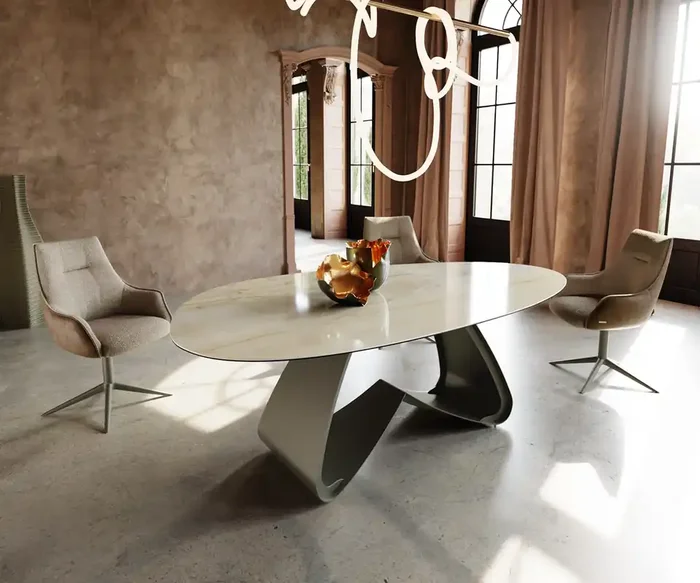 Esstisch Edge Oval 220×120 Keramik Iris FMG Onice Oro W-Gestell Metall Effektfinish Titan