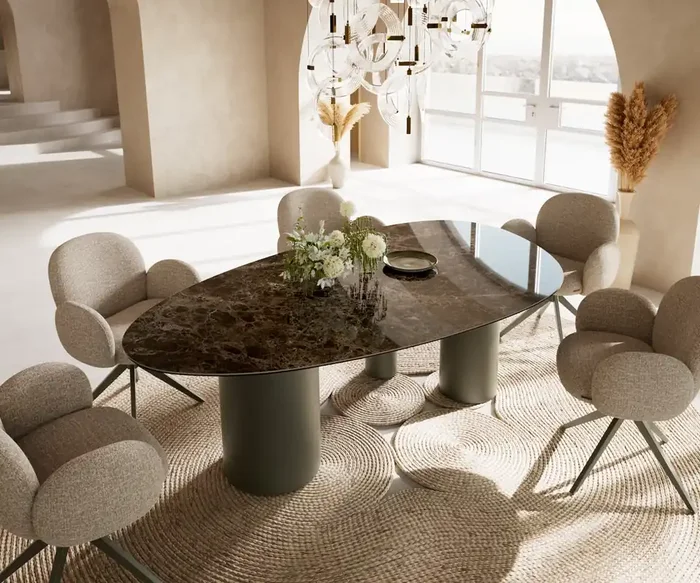 Esstisch Edge Oval 220×120 Keramik Laminam® Emperador Extra Lucidato Dunkelbraun Troa Metall Effektfinish Titan