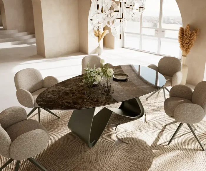 Esstisch Edge Oval 220×120 Keramik Laminam® Emperador Extra Lucidato Dunkelbraun W-Gestell Metall Effektfinish Titan