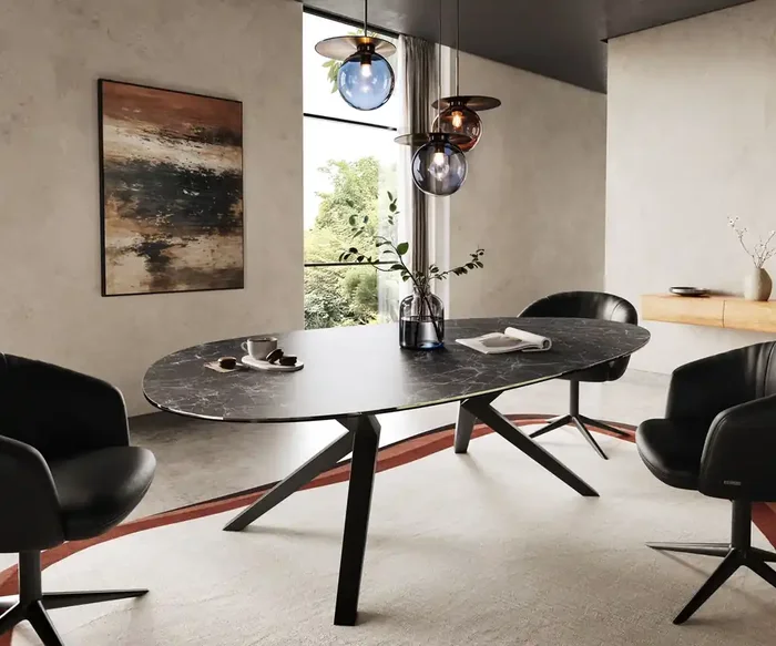 Esstisch Edge Oval 220×120 Keramik Laminam® Nero Greco Anthrazit Zenthara kantig Metall Schwarz
