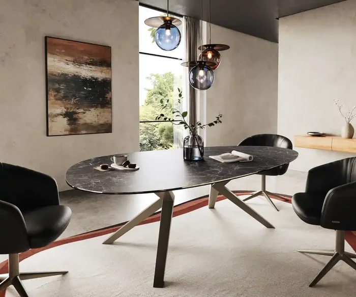 Esstisch Edge Oval 220×120 Keramik Laminam® Nero Greco Anthrazit Zenthara kantig Metall Effektfinish Titan