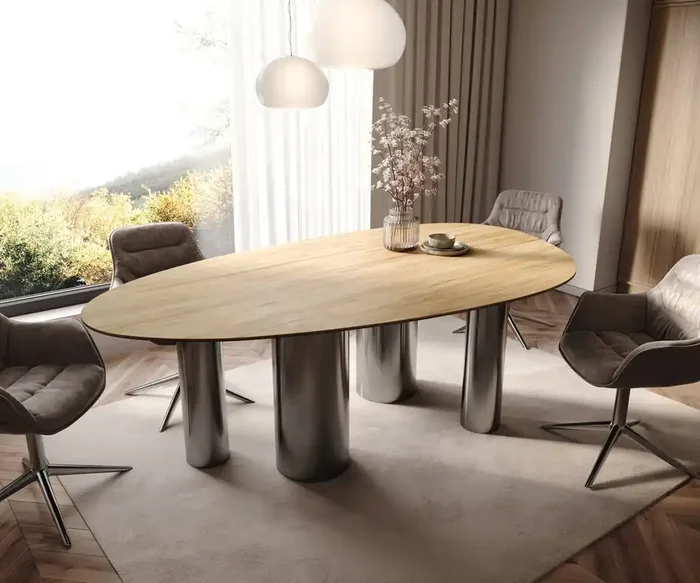 Esstisch Edge Oval 220×120 Keramik Laminam® Sabbia Eichefarbig Pilier Edelstahl Graphit