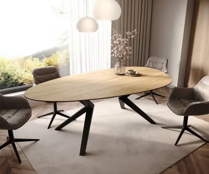 Esstisch Edge Oval 220×120 Keramik Laminam® Sabbia Eichefarbig Zenthara kantig Metall Schwarz