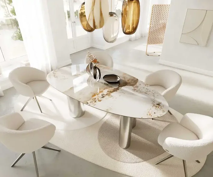 Esstisch Edge Oval 220×120 Keramik Minas Melange Weiß-Beige Pilier Edelstahl