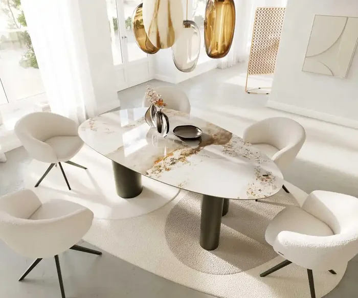 Esstisch Edge Oval 220×120 Keramik Minas Melange Weiß-Beige Pilier Metall Effektfinish Titan