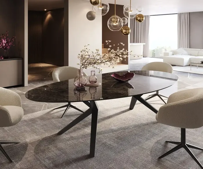 Esstisch Edge Oval 280×130 Keramik Laminam®Emperador Extra Lucidato Dunkelbraun Zenthara kantig Metall Schwarz