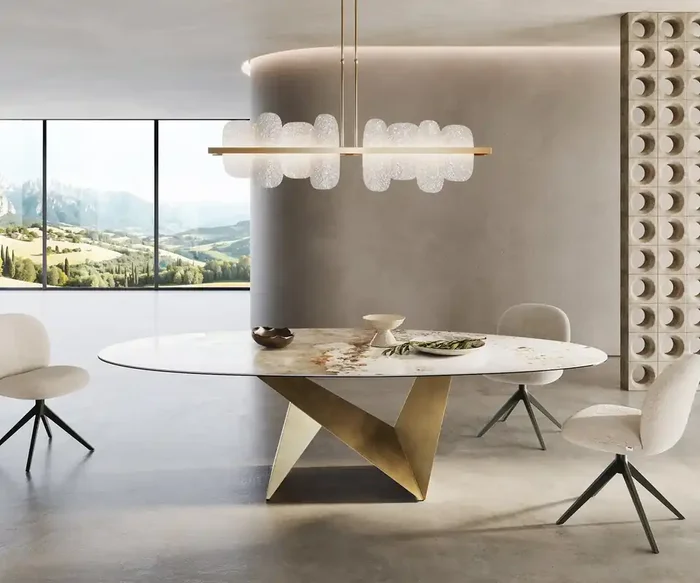 Esstisch Edge Oval 280×130 Keramik Minas Melange Weiß-Beige Origami Metallic Gold