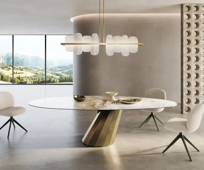 Esstisch Edge Oval 280×130 Keramik Minas Melange Weiß-Beige Parabel Metallic Gold