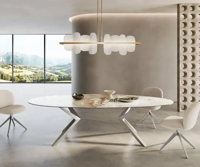 Esstisch Edge Oval 280×130 Keramik Minas Melange Weiß-Beige Zenthara kantig Edelstahl