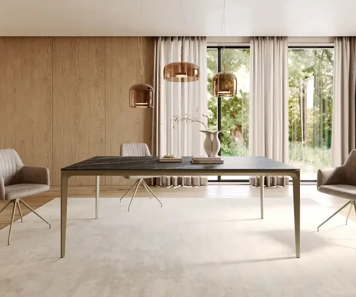 Esstisch Escina 200×100 cm Keramik Laminam®Noir Desir Braun Gestell Aluminium