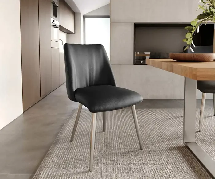 Esszimmerstuhl Elso-Flex Echt-Leder Schwarz 4-Fuß konisch Edelstahl Taschenfederkern