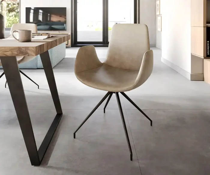 Esszimmerstuhl Ilia-Flex mit Armlehnen Mikrofaser Beige Vintage Kreuzgestell konisch Schwarz